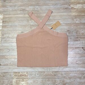 Halogen Criss Cross Halter Tank Cropped Top Knit Sweater Size XL Tan NWT